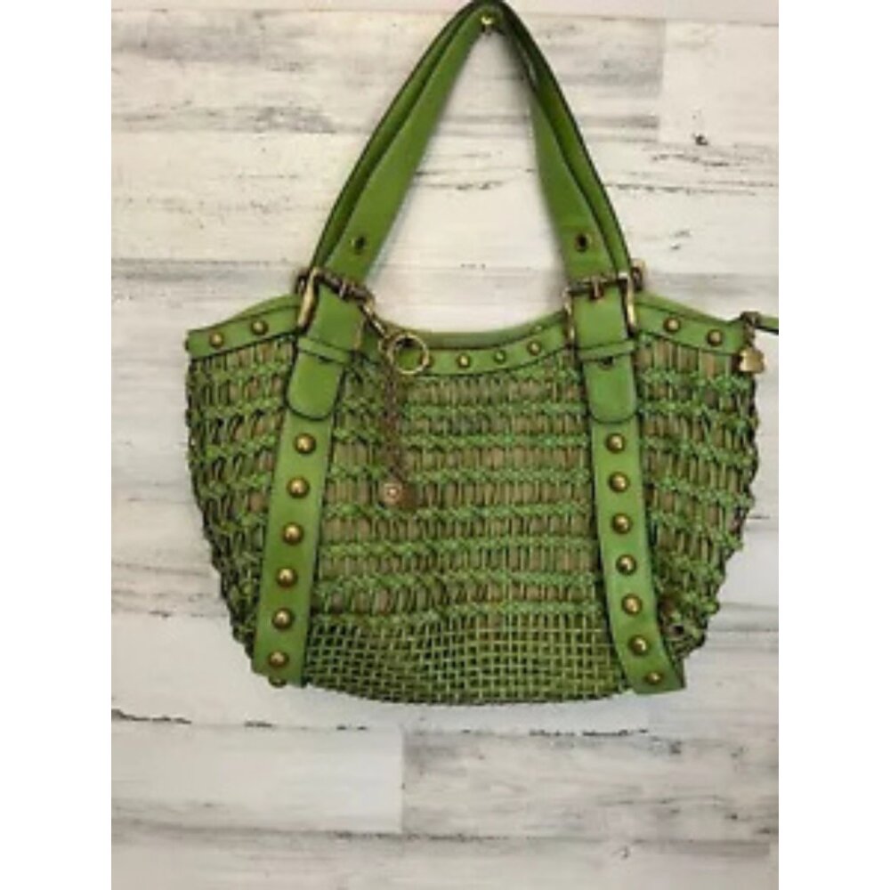 KATHY VAN ZEELAND Shoulder Bag Purse Women's Woven Green Leather Brass Hardware